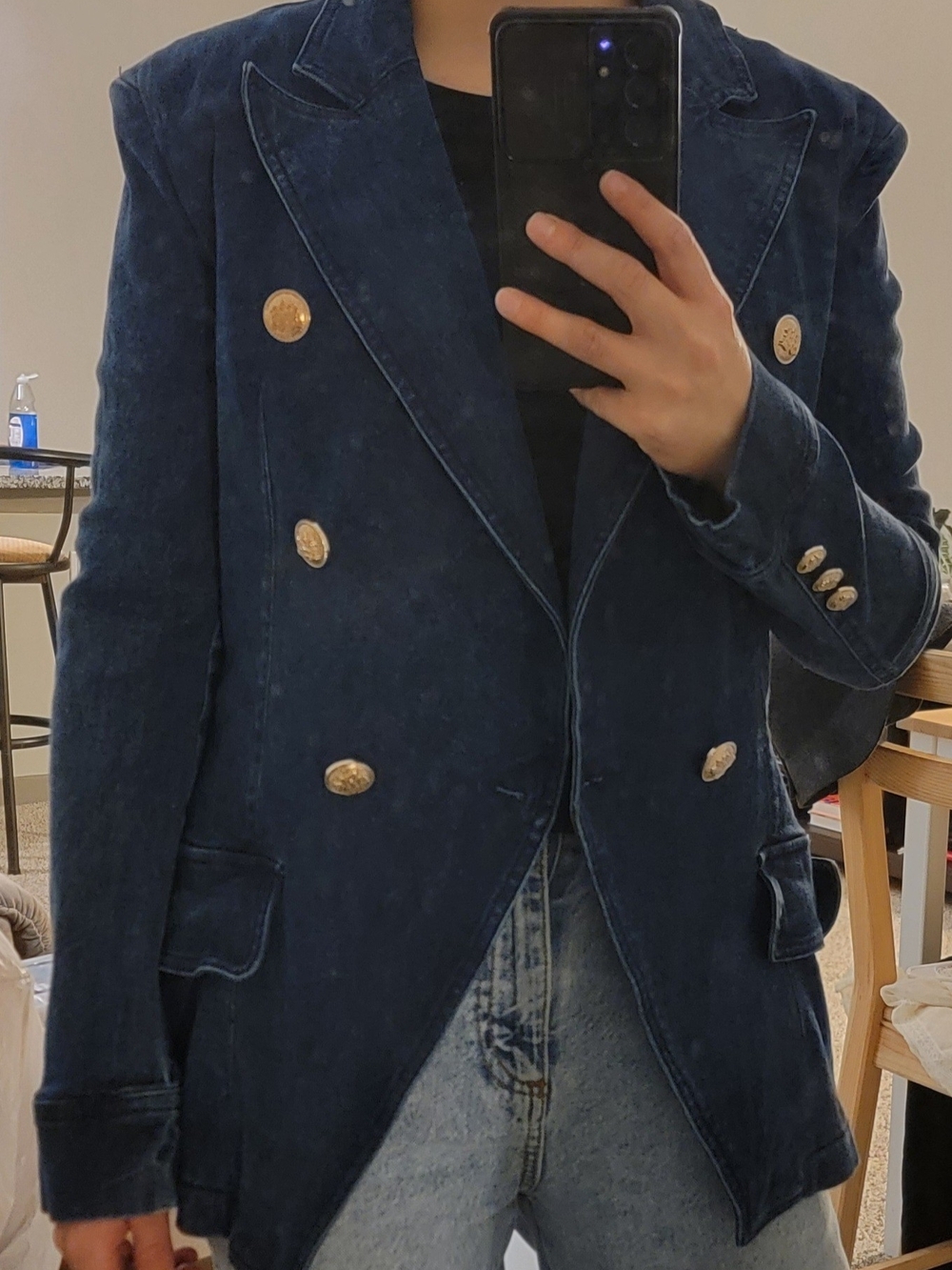 Double-Breasted Navy Denim Blazer with Gold Buttons It Fits An S or M Size